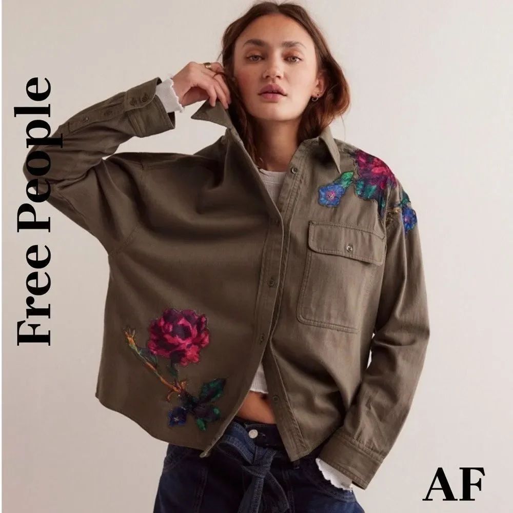 Free People Velvet Flowers Olive Floral Embroidered Jacket In Army New Medium